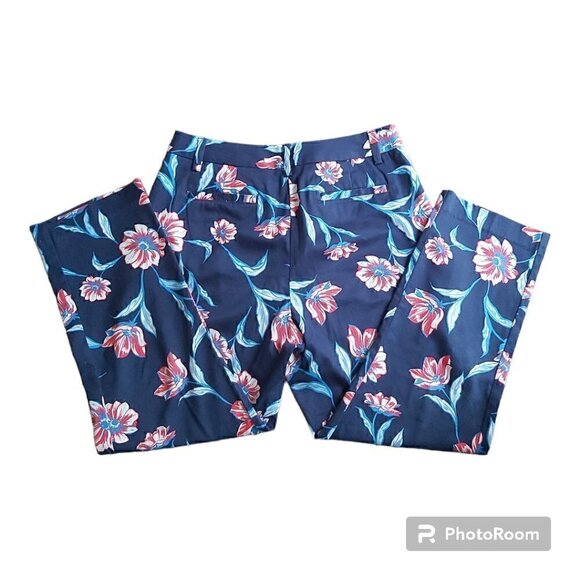 LANDS' End Womens Mid Rise Straight Leg Dark Blue Floral Crop Pants - Size 8 - Picture 2 of 6